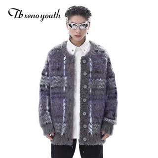 Tb xeno thanh niên Áo len nam Mỹ Retro Màu sắc tương phản Bầu không khí Áo len dệt kim Mới dáng rộng Cặp đôi Áo khoác Cardigan Áo khoác vải chất lượng cao hàng đầu