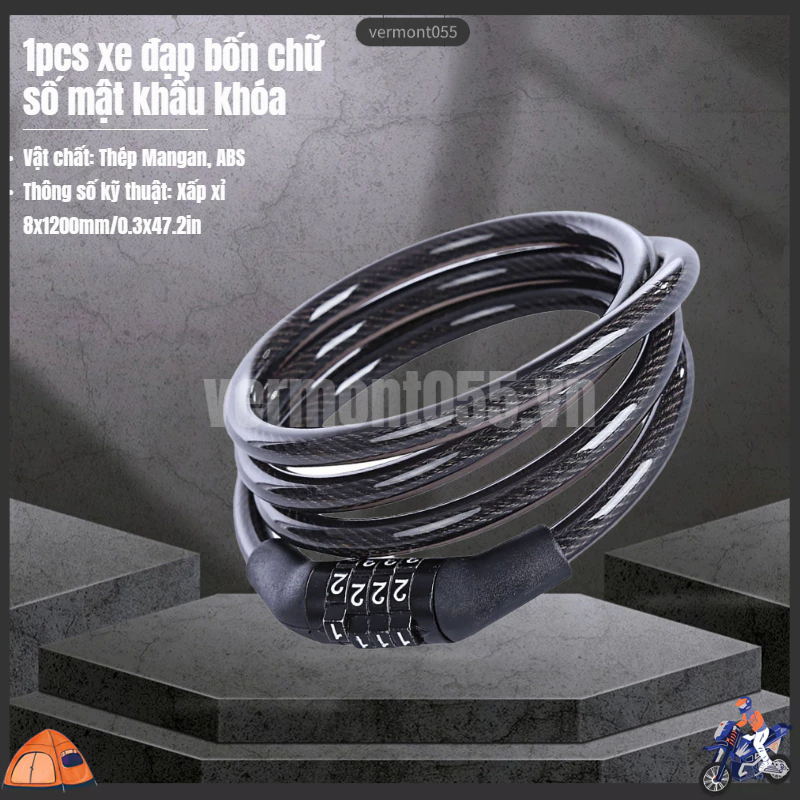 Có thể bán buôn Xe Đạp Cáp Khóa Dây Thép Mangan 4 Chữ Số Mật Khẩu Kết Hợp Cho Điện Vermont055 Hàng giao ngay