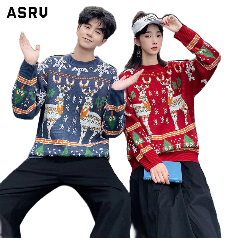 Asrv Áo sweater Dệt Kim Dáng Rộng In Họa Tiết Giáng Sinh Thời Trang Thu Đông Cho Nam
