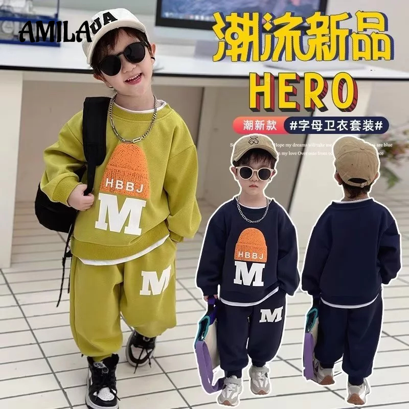 AMILA Set Áo Thun Tay Dài Và Quần Dài Phong Cách Hàn Quốc Cho Bé Trai