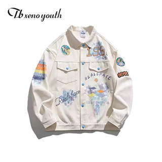 Tb xeno thanh niên Áo khoác denim nam in nhiều màu sắc ve áo mới dáng rộng thiết kế graffiti cảm giác thích hợp áo khoác vải chất lượng cao