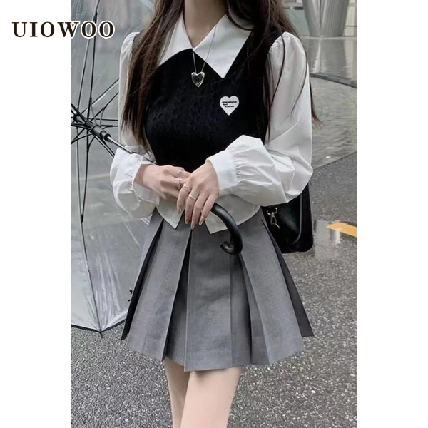 UIOWOO  Bộ Áo Sơ Mi Giả Hai Mảnh Dệt Kim + Chân Váy Dài Xếp Ly Cao Cấp Phong Cách Preppy One Dành Cho Học Sinh