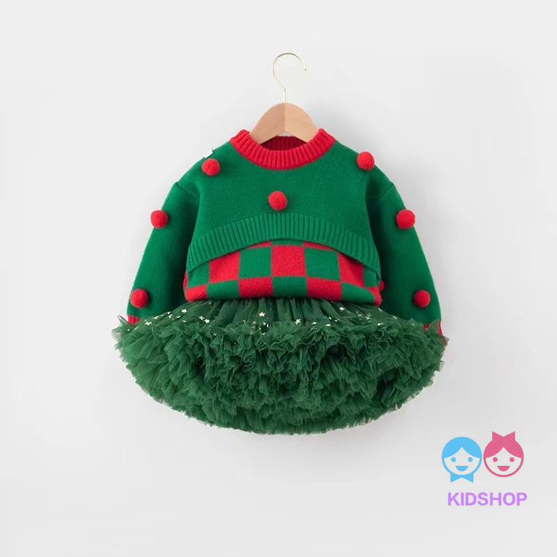 Bộ Áo Khoác sweater Dệt Kim + Chân Váy Lồi Màu Xanh Lá Cây Thời Trang Thu Đông Phong Cách Mới Dành Cho Trẻ Em Mùa Giáng Sinh