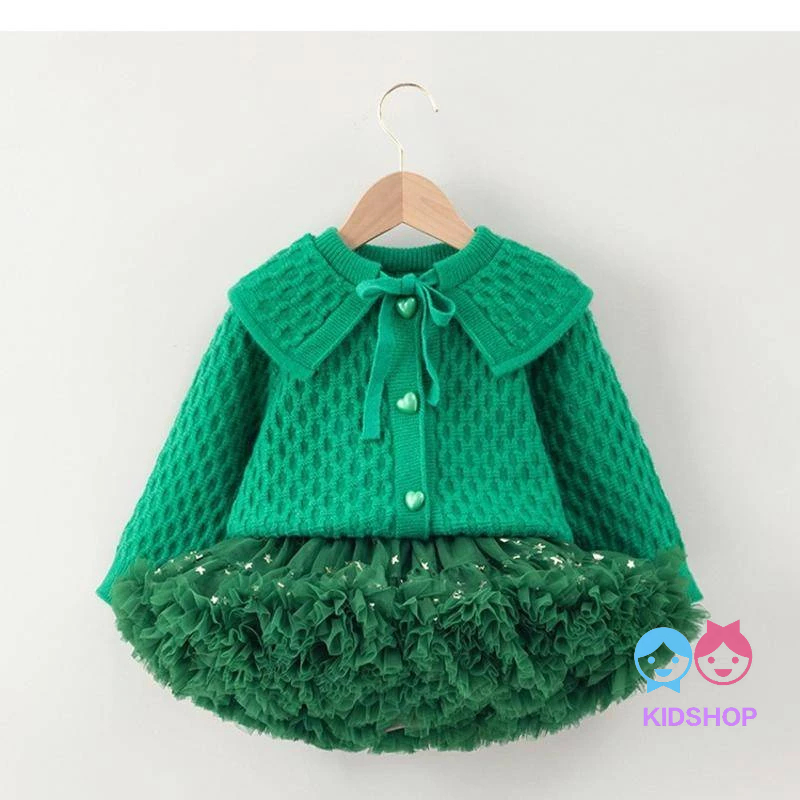 Bộ Áo Khoác sweater Dệt Kim + Chân Váy Lồi Màu Xanh Lá Cây Thời Trang Thu Đông Phong Cách Mới Dành Cho Trẻ Em Mùa Giáng Sinh