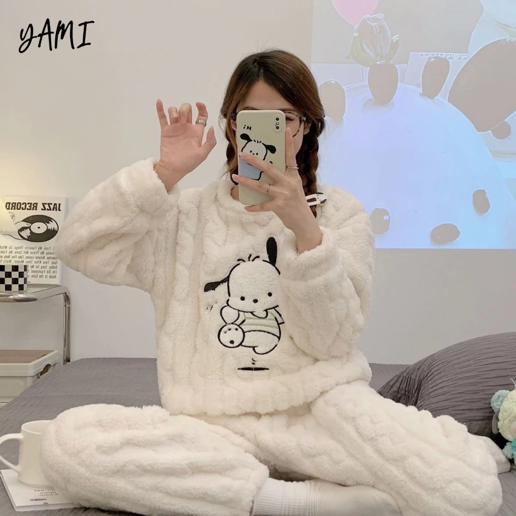 YAMI Bộ Đồ Ngủ tay dài mùa đông vải lông cừu san hô pijama Hoạt Hình Dễ Thương đồ mặc nhà nữ