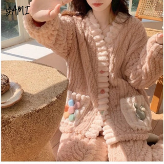 YAMI Bộ Đồ Ngủ tay dài mùa đông vải lông cừu san hô pijama Dễ Thương đồ mặc nhà nữ