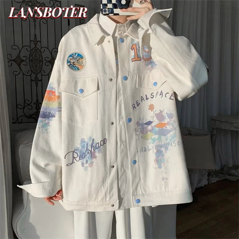 Lansboter Áo Khoác denim Dáng Rộng In Họa Tiết graffiti Thời Trang Hàn Quốc Cho Nam