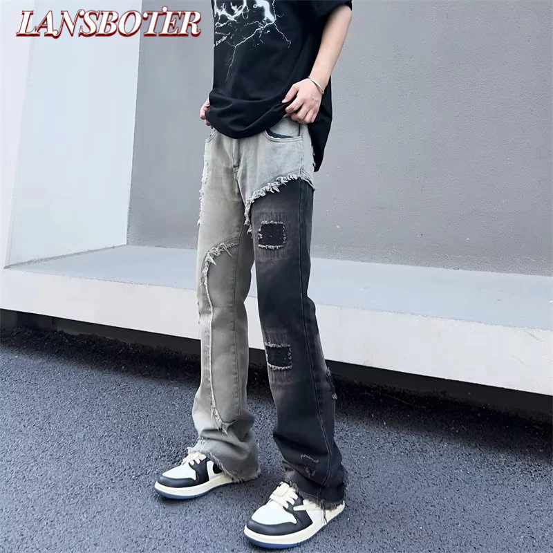 Quần Jean Rách Ống Đứng Phối Màu gradient Phong Cách Mỹ Thời Trang Cho Nam