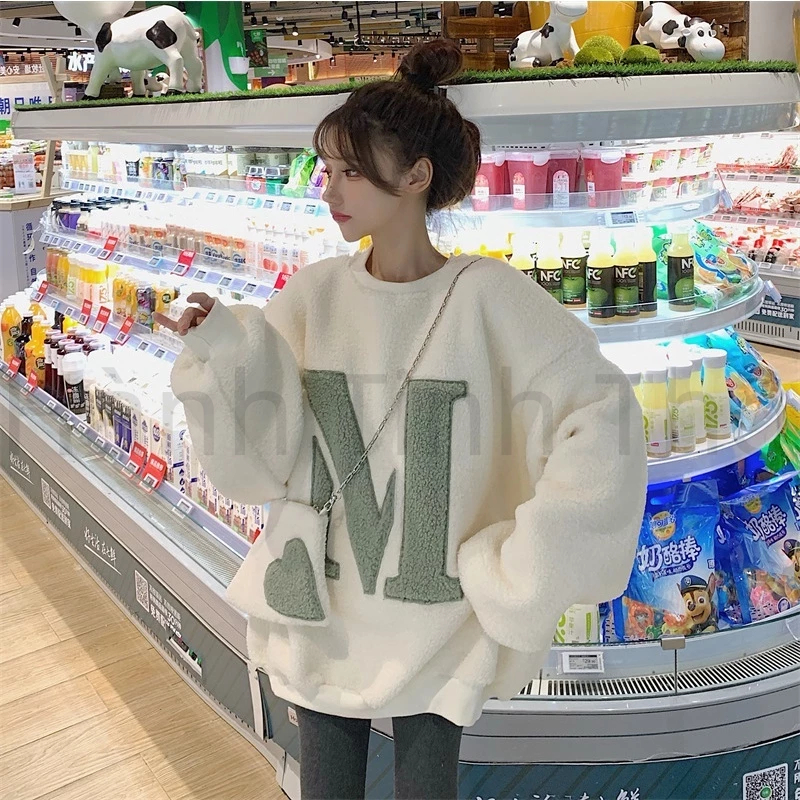Áo sweater Lông Cừu Dày Lót Lông Cừu Dài Trung Bình Thời Trang Thu Đông 2023 Dành Cho Nữ