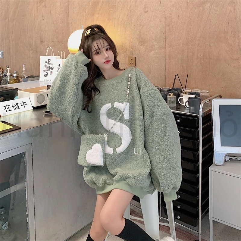 Áo sweater Lông Cừu Dày Lót Lông Cừu Dài Trung Bình Thời Trang Thu Đông 2023 Dành Cho Nữ