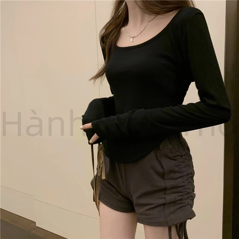 Áo Thun Tay Dài Dáng Ôm Phong Cách Thời Trang thiết kế bất đối Mới Cho Nữ