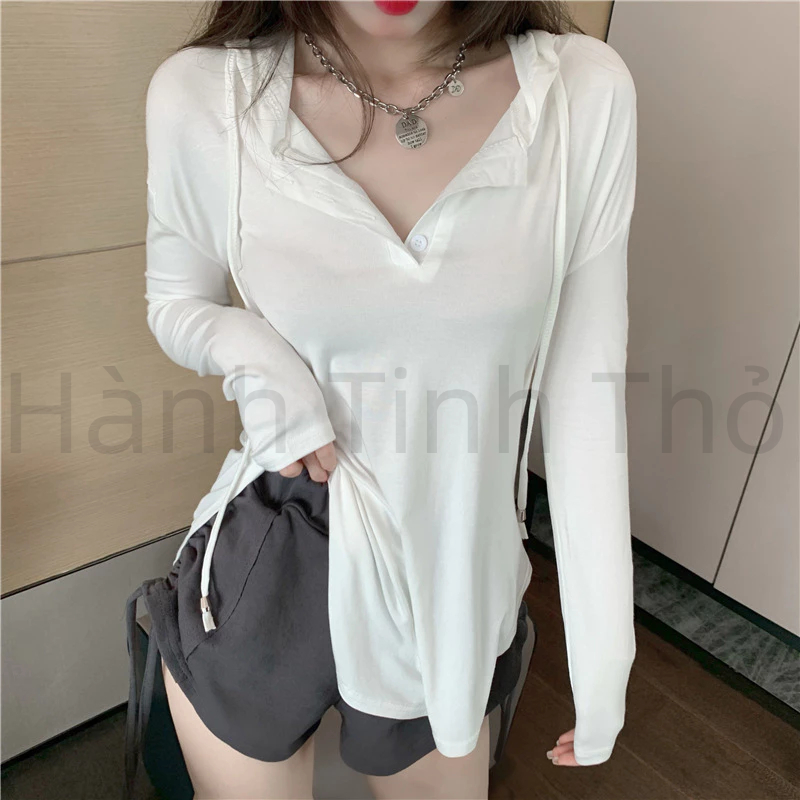 Áo Thun Chống Nắng Tay Dài Xẻ Tà Không Đều Phong Cách Mới Cho Nữ
