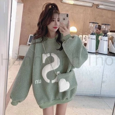 Áo sweater Lông Cừu Dày Lót Lông Cừu Dài Trung Bình Thời Trang Thu Đông 2023 Dành Cho Nữ