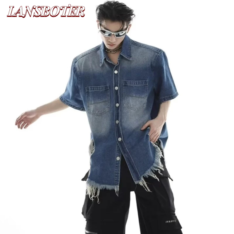 Áo Khoác denim Dáng Rộng Rách Gối Phối Tua Rua Phong Cách Đường Phố niche