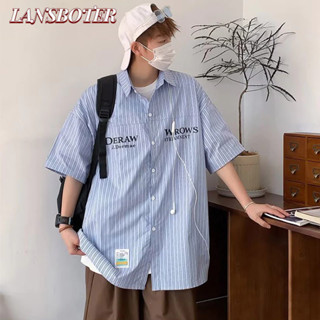 Lansboter Áo Sơ Mi Tay Lửng Dáng Rộng Họa Tiết Sọc Thời Trang Cao Cấp Cho Nam