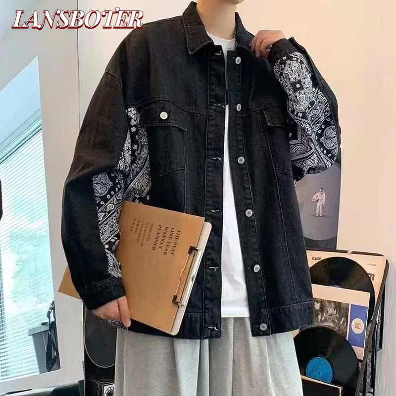 Lansboter Áo Khoác denim Dáng Rộng Phong Cách hip hop Đường Phố Thời Trang Xuân Thu Cho Nam