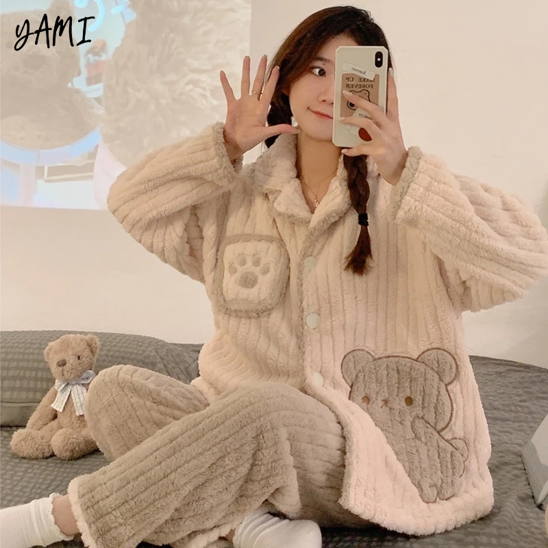YAMI Bộ Đồ Ngủ dài tay mùa đông vải lông cừu san hô gấu hoạt hình Dễ Thương pijama đồ mặc nhà nữ