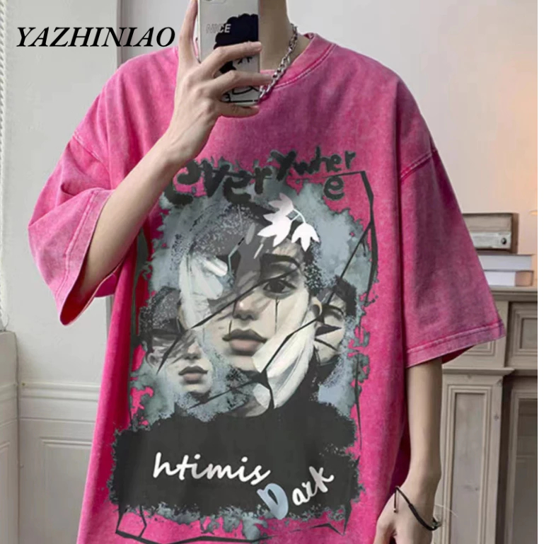 Yazhiniao Áo nam Ngắn Tay Phong Cách retro Mỹ