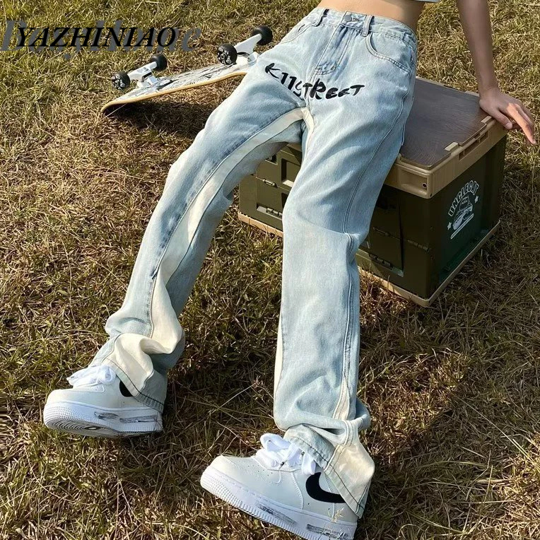 Yazhiniao Quần Jean Ống Loe Thêu Chữ Phối Màu Tương Phản Kiểu Đường Phố Mỹ