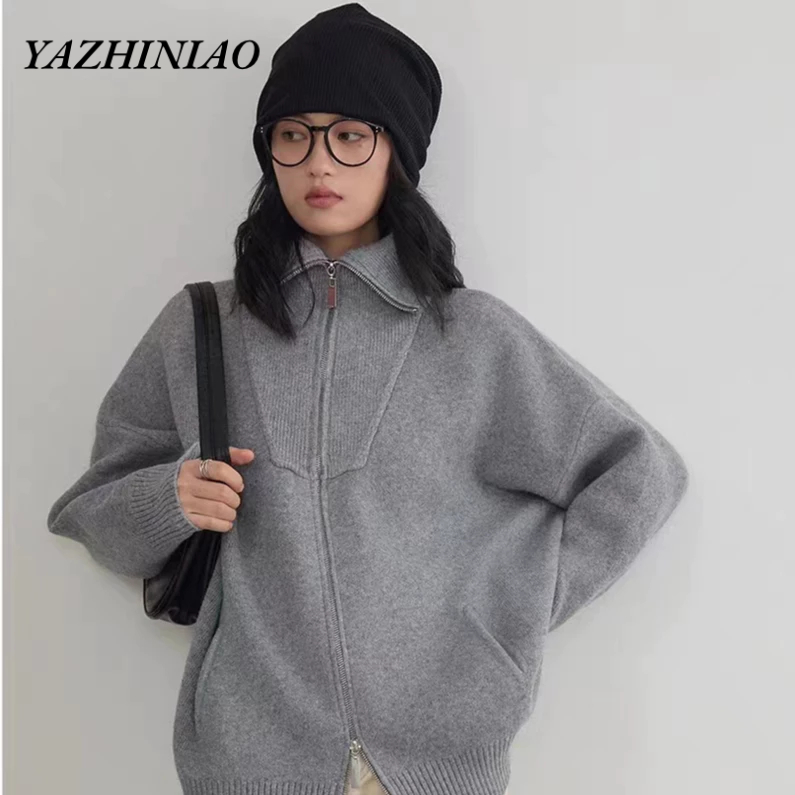 Yazhiniao Áo Khoác sweater Dáng Rộng Có Mũ Trùm Phối Khóa Kéo Kiểu Hàn Quốc Thời Trang Thu Đông Cho Nam