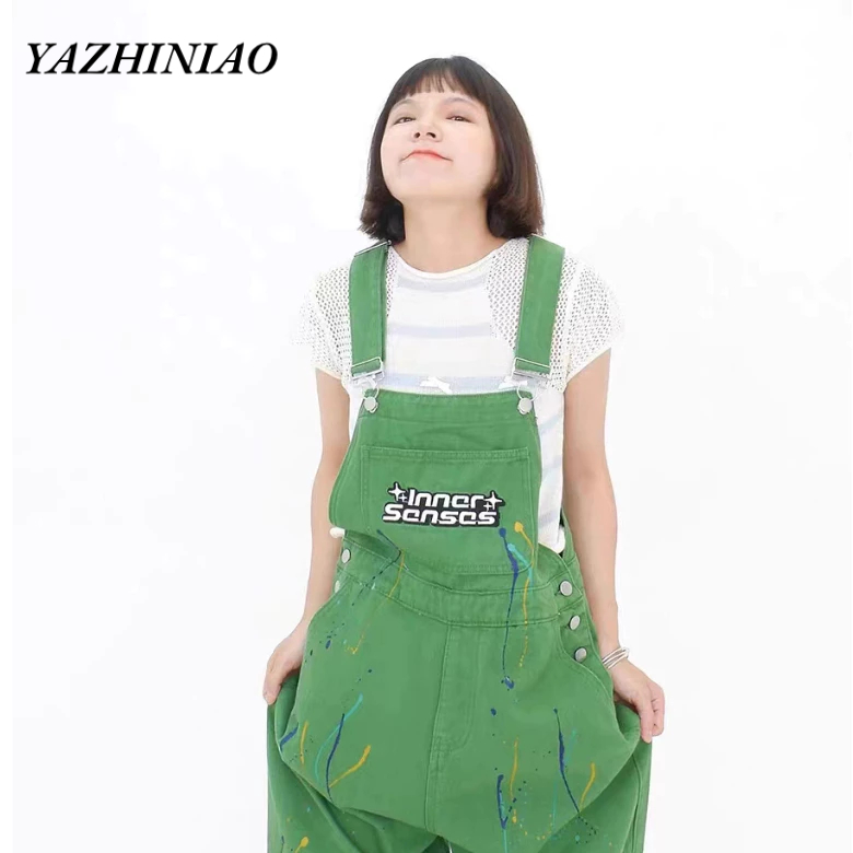 Yazhiniao Quần Yếm denim Lưng Cao Ống Rộng Thời Trang Trẻ Trung