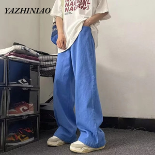 Yazhiniao Quần Yếm Jean Ống Rộng Thẳng Cao Màu Hồng Cổ Điển Đường Phố Mỹ Cho Nam