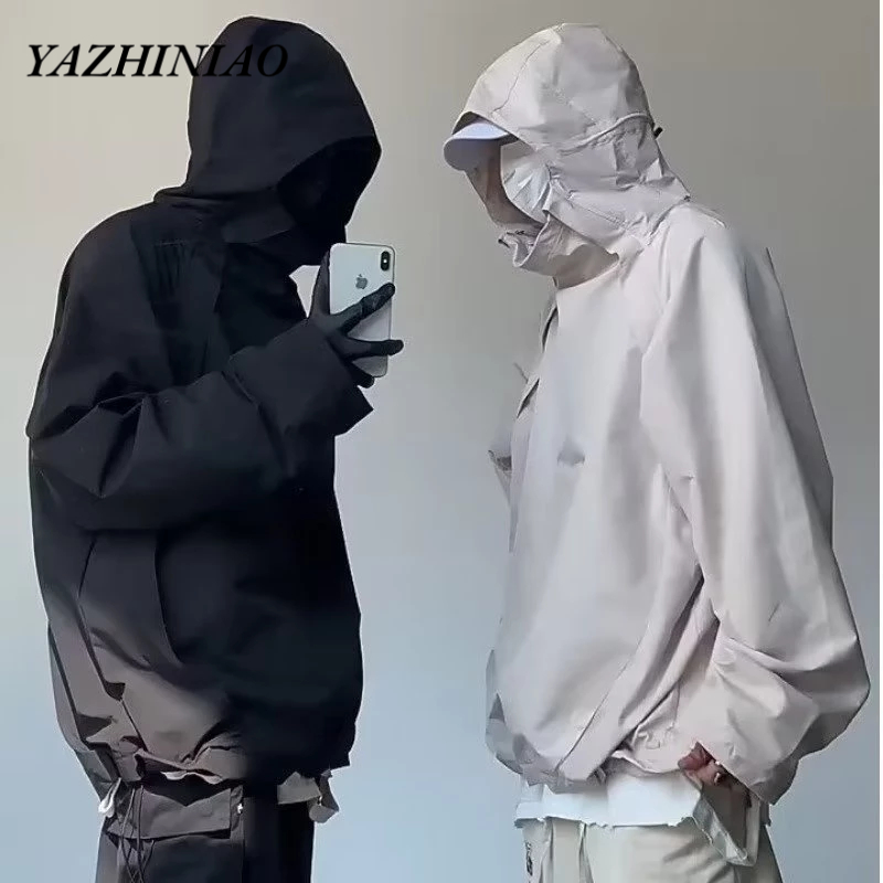 Yazhiniao Áo Khoác Chống Thấm Nước Có Mũ Trùm Cổ Lọ Phối Khóa Kéo Kép Phong Cách Mỹ
