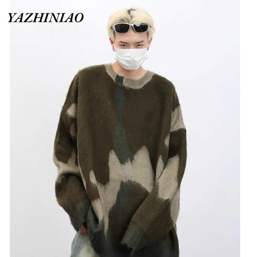 Yazhiniao Áo sweater Dệt Kim Phối Màu Tương Phản Kiểu Đường Phố Mỹ Cá Tính Cho Nam