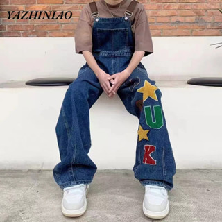Yazhiniao Quần Yếm denim Dáng Rộng Thêu Chữ Phong Cách retro Đường Phố Mỹ Cho Nam Và Nữ