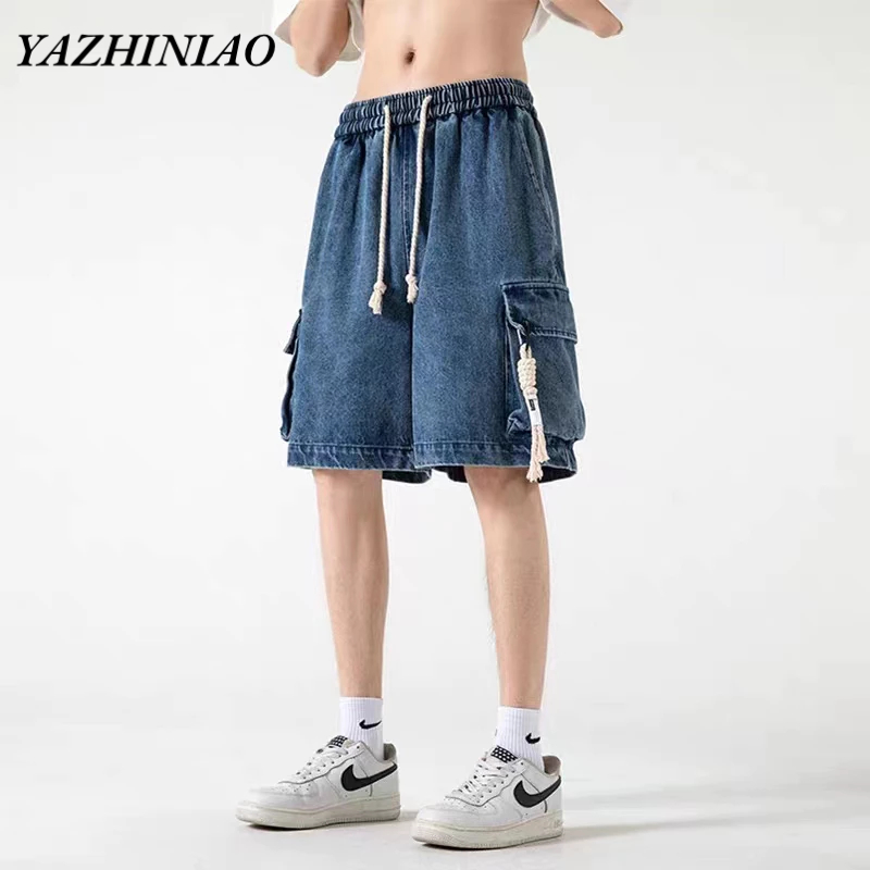 Quần Short denim Dây Rút Ống Rộng Thời Trang Nam