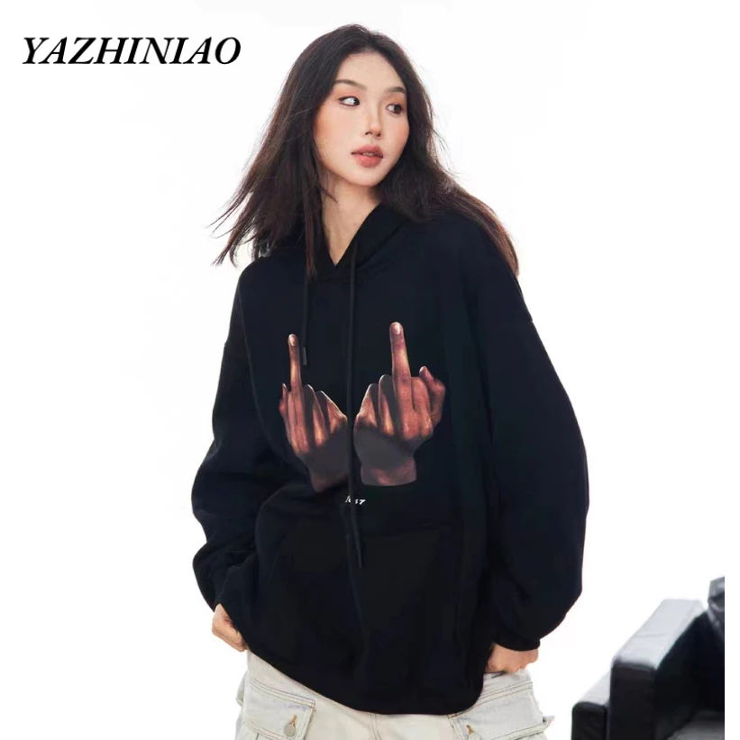 Yazhiniao Áo Hoodie Dáng Rộng Hình Ngón Tay Giữa Phong Cách retro Mỹ