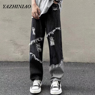Yazhiniao Quần Jean Ống Rộng Ghép Nối Viền Thô Phong Cách retro Mỹ bf Cho Nam