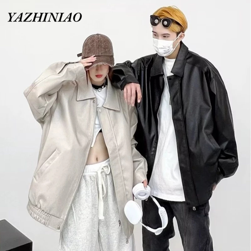 Yazhiniao Áo Khoác Da pu Dáng Rộng Màu Trơn Phong Cách hip hop Cá Tính