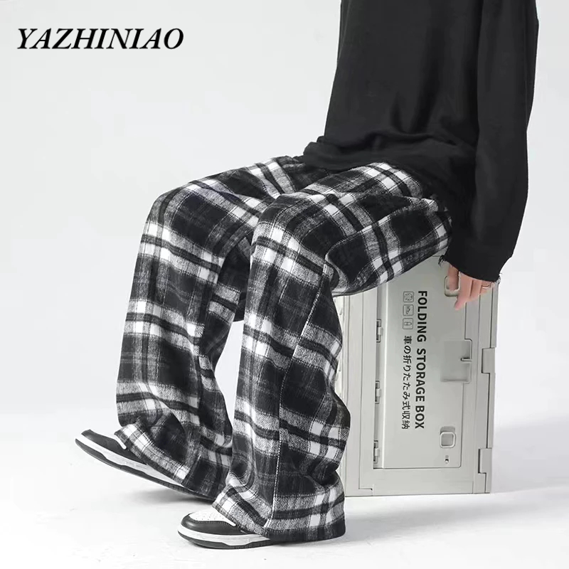 Yazhiniao Quần Dài cotton Ống Rộng Kẻ Sọc Caro Thoải Mái Đa Năng Cho Nam