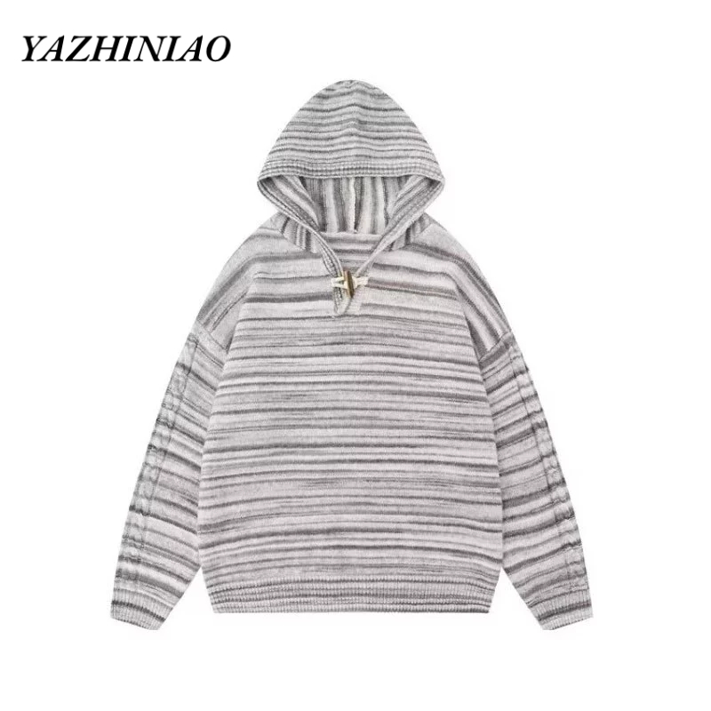 Áo sweater Dệt Kim Có Mũ Trùm Dáng Rộng Họa Tiết Kẻ Sọc Phong Cách yazhiniao Mỹ Cổ Điển Thời Trang Cho Cặp Đôi