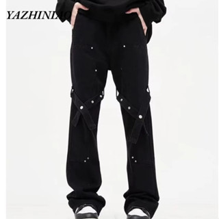 Yazhiniao Quần Yếm Jean Dài Ống Loe Dáng Suông Màu Đen Thời Trang Đường Phố Cá Tính Cho Nam