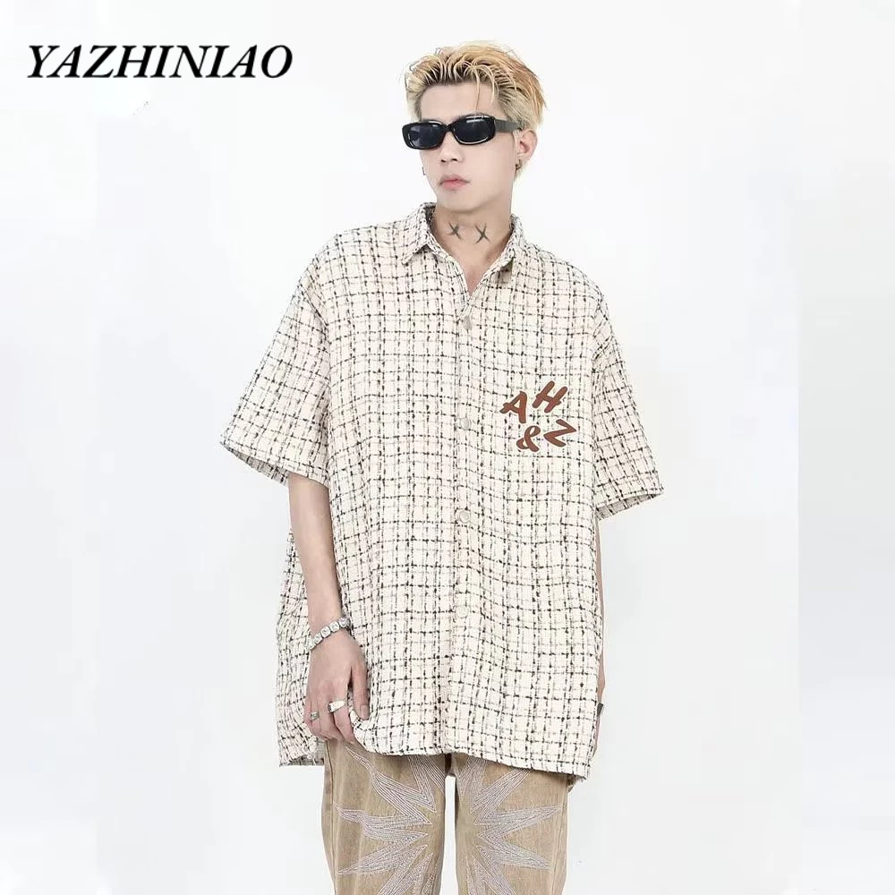 Yazhiniao Áo Sơ Mi cotton Lanh Dệt Ngắn Tay Kẻ Sọc Caro Phong Cách Đường Phố Cho Nam Và Nữ