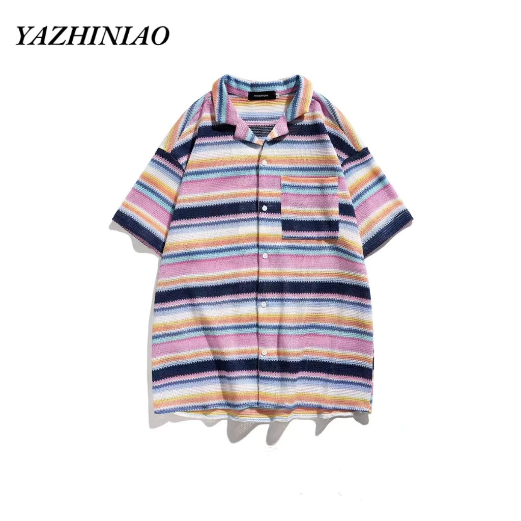 Yazhiniao Áo cardigan Dệt Kim Tay Ngắn Dáng Rộng Họa Tiết Kẻ Sọc Màu Sắc Ngọt Ngào Thời Trang Cho Nam