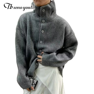 Tb xeno youth Áo Khoác cardigan Dệt Kim Dày Dáng Rộng Cổ Cao Cài Nút Trang Trí Cá Tính Chất Lượng Cao Cho Nam