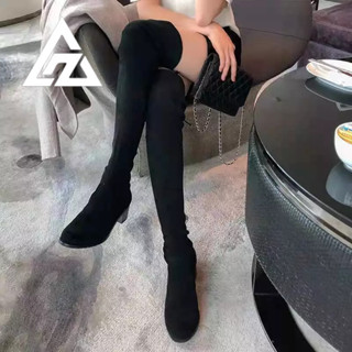 Giày Bốt Da Lộn Gót Thấp Qua Gối Màu Đen Co Giãn Thời Trang Cho Nữ