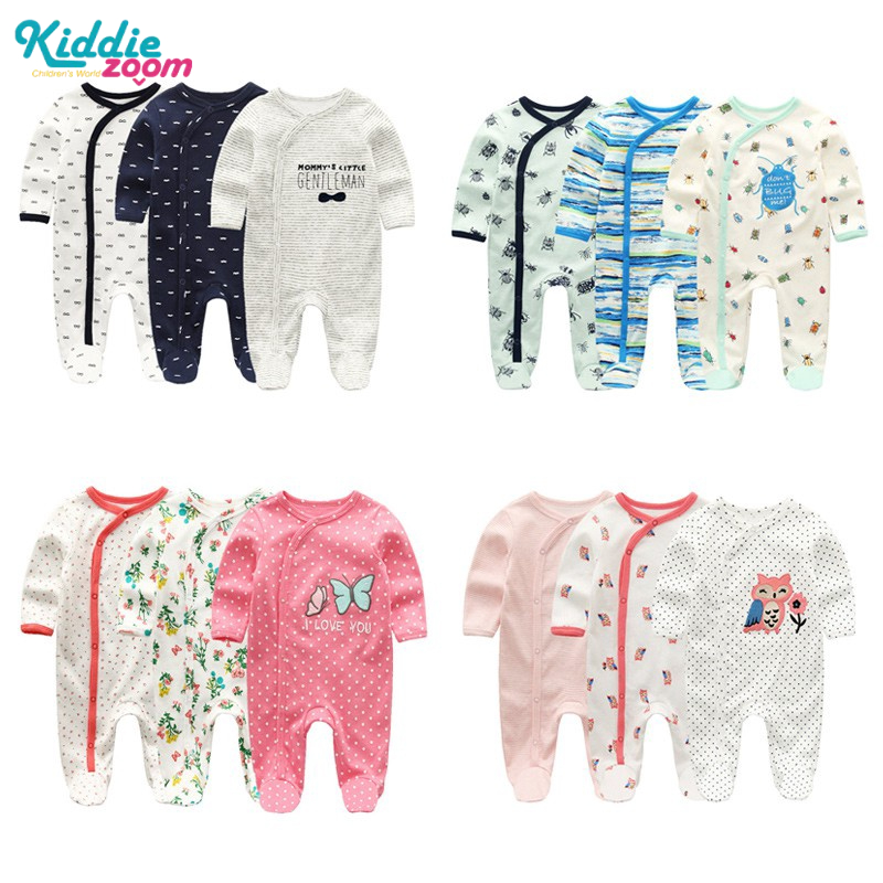 Set 3 áo liền quần cotton 100% cho bé sơ sinh 0-12 tháng tuổi
