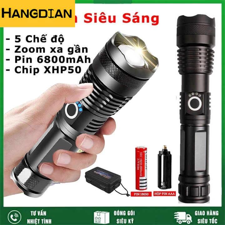 HANGDIAN Đèn Pin Sạc USB ABS Có Màn Hình Hiển Thị Siêu Sáng Di Động Cho Hoạt Động Ngoài Trời
