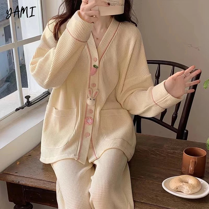 YAMI Bộ Đồ Ngủ Tay Dài pijama thỏ hoạt hình Dễ thương đồ mặc nhà nữ
