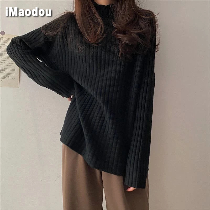 iMaodou Áo sweater Dệt Kim Dày Dặn Dáng Rộng Nửa Cổ Cao Thời Trang Thu Đông Thiết Kế Mới Cho Nữ