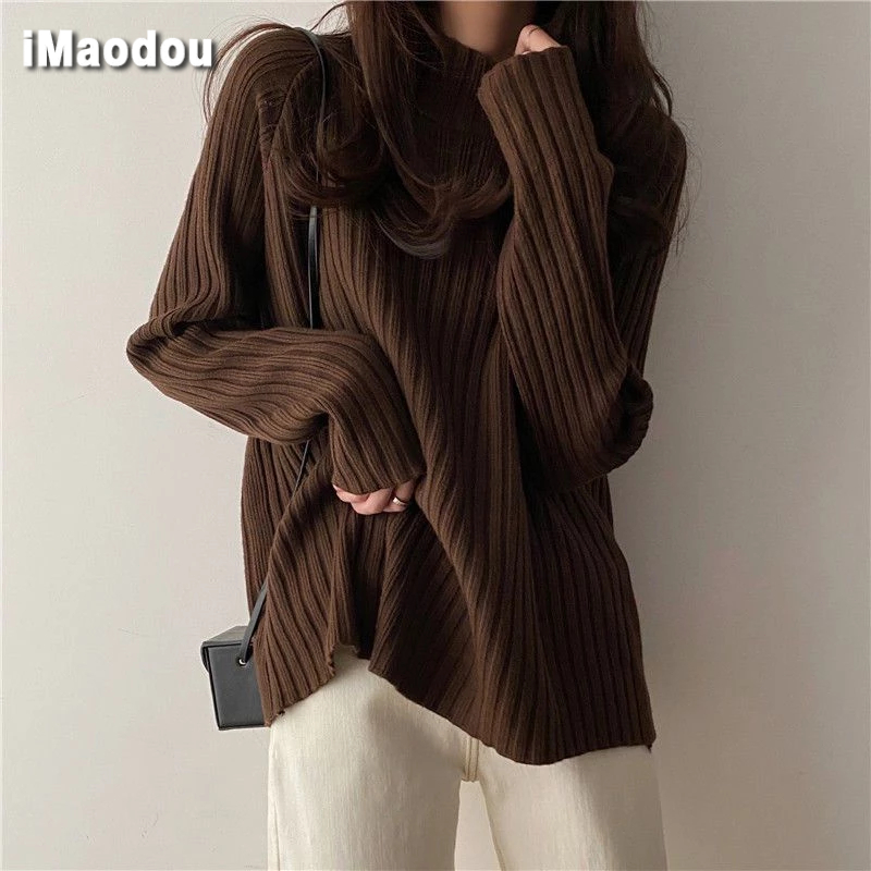 iMaodou Áo sweater Dệt Kim Dày Dặn Dáng Rộng Nửa Cổ Cao Thời Trang Thu Đông Thiết Kế Mới Cho Nữ