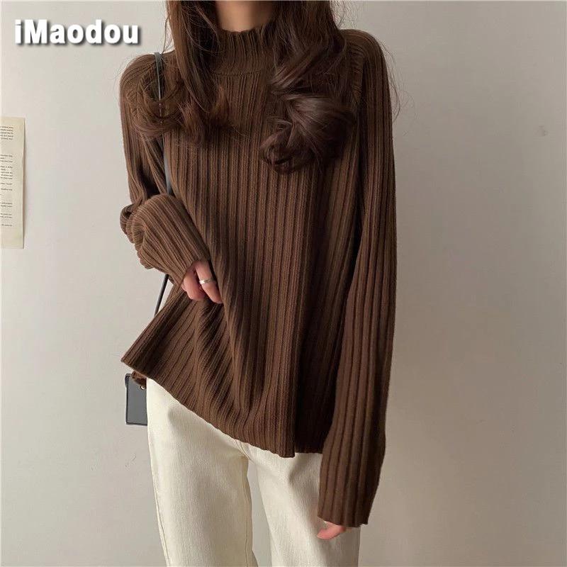 iMaodou Áo sweater Dệt Kim Dày Dặn Dáng Rộng Nửa Cổ Cao Thời Trang Thu Đông Thiết Kế Mới Cho Nữ