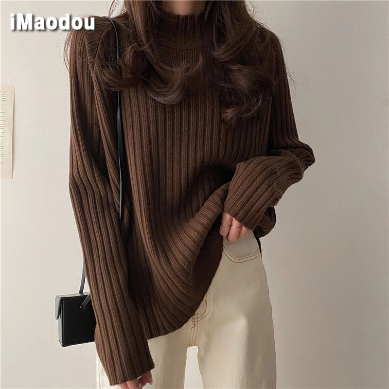 iMaodou Áo sweater Dệt Kim Dày Dặn Dáng Rộng Nửa Cổ Cao Thời Trang Thu Đông Thiết Kế Mới Cho Nữ