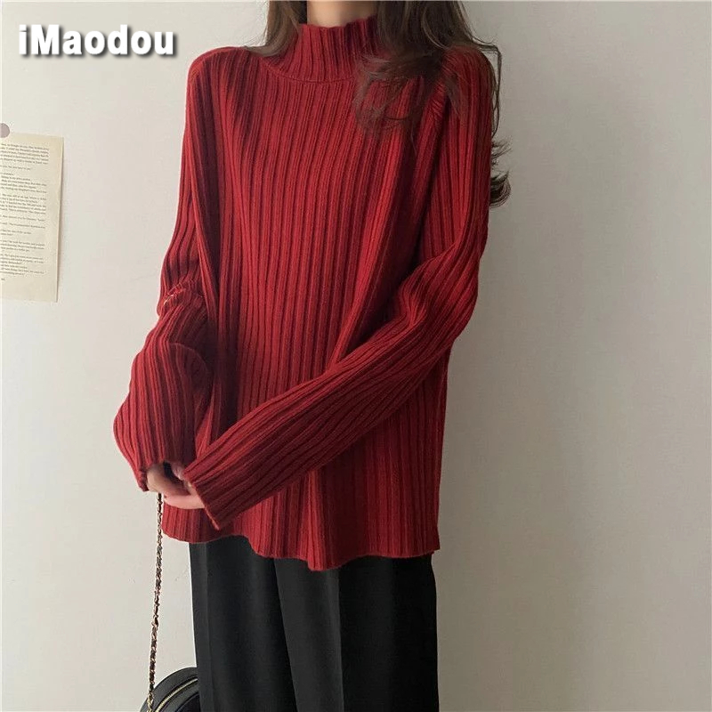 iMaodou Áo sweater Dệt Kim Dày Dặn Dáng Rộng Nửa Cổ Cao Thời Trang Thu Đông Thiết Kế Mới Cho Nữ