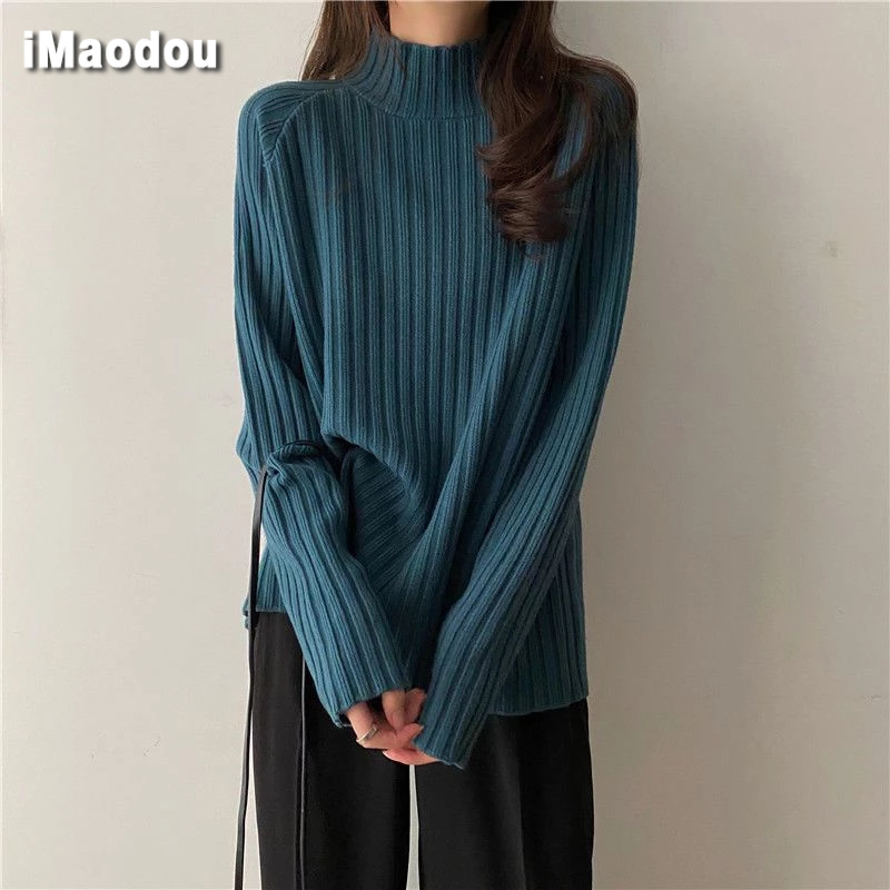 iMaodou Áo sweater Dệt Kim Dày Dặn Dáng Rộng Nửa Cổ Cao Thời Trang Thu Đông Thiết Kế Mới Cho Nữ