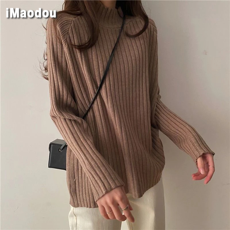 iMaodou Áo sweater Dệt Kim Dày Dặn Dáng Rộng Nửa Cổ Cao Thời Trang Thu Đông Thiết Kế Mới Cho Nữ